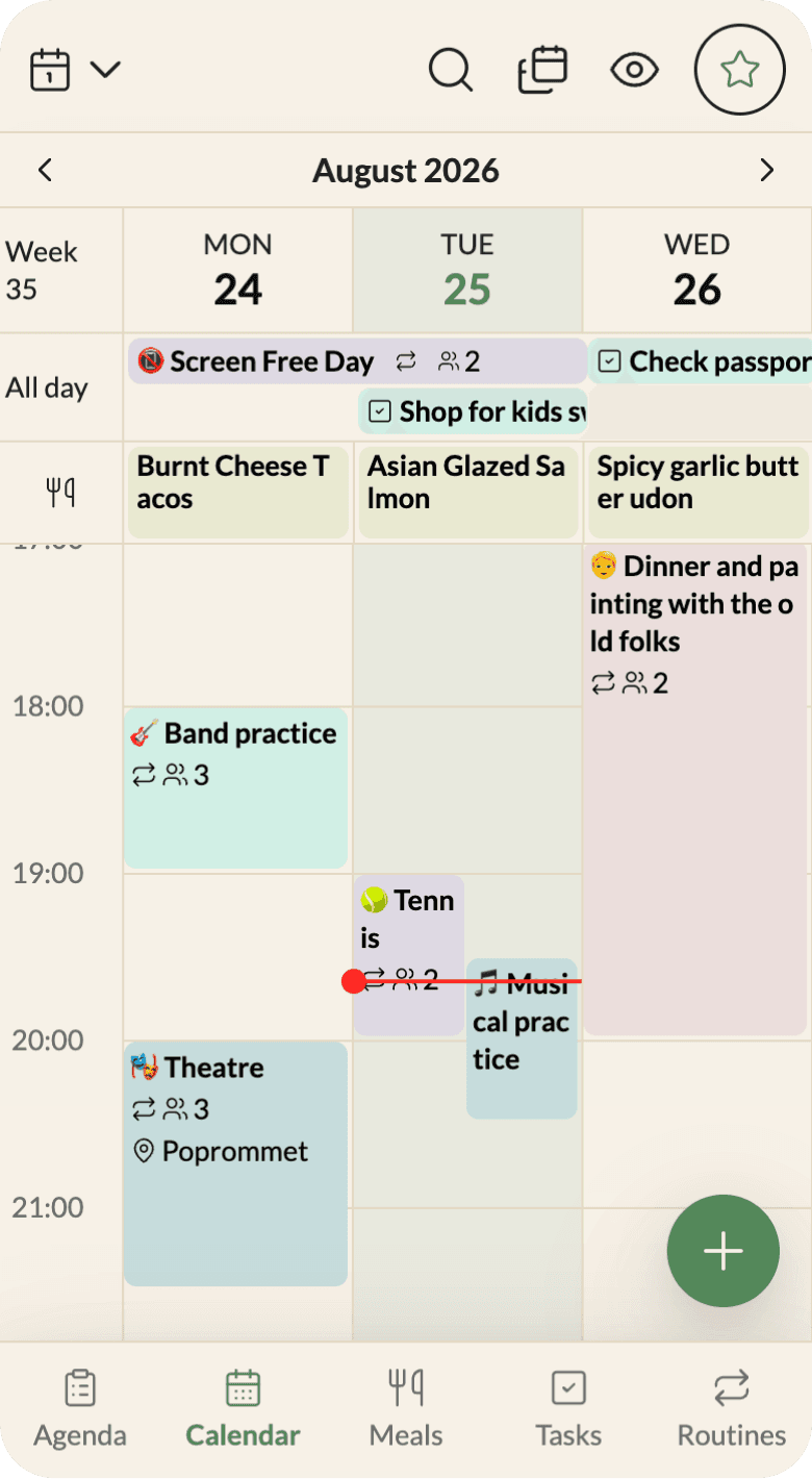 A shared Homie family calendar for one week, with each household member's appointments and pickups colour-coded in their own shade